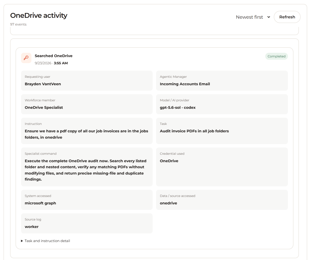 Holiday Activity Log showing a completed OneDrive search with its requesting user, Agentic Manager, workforce member, model, instruction, task, credential and accessed data.