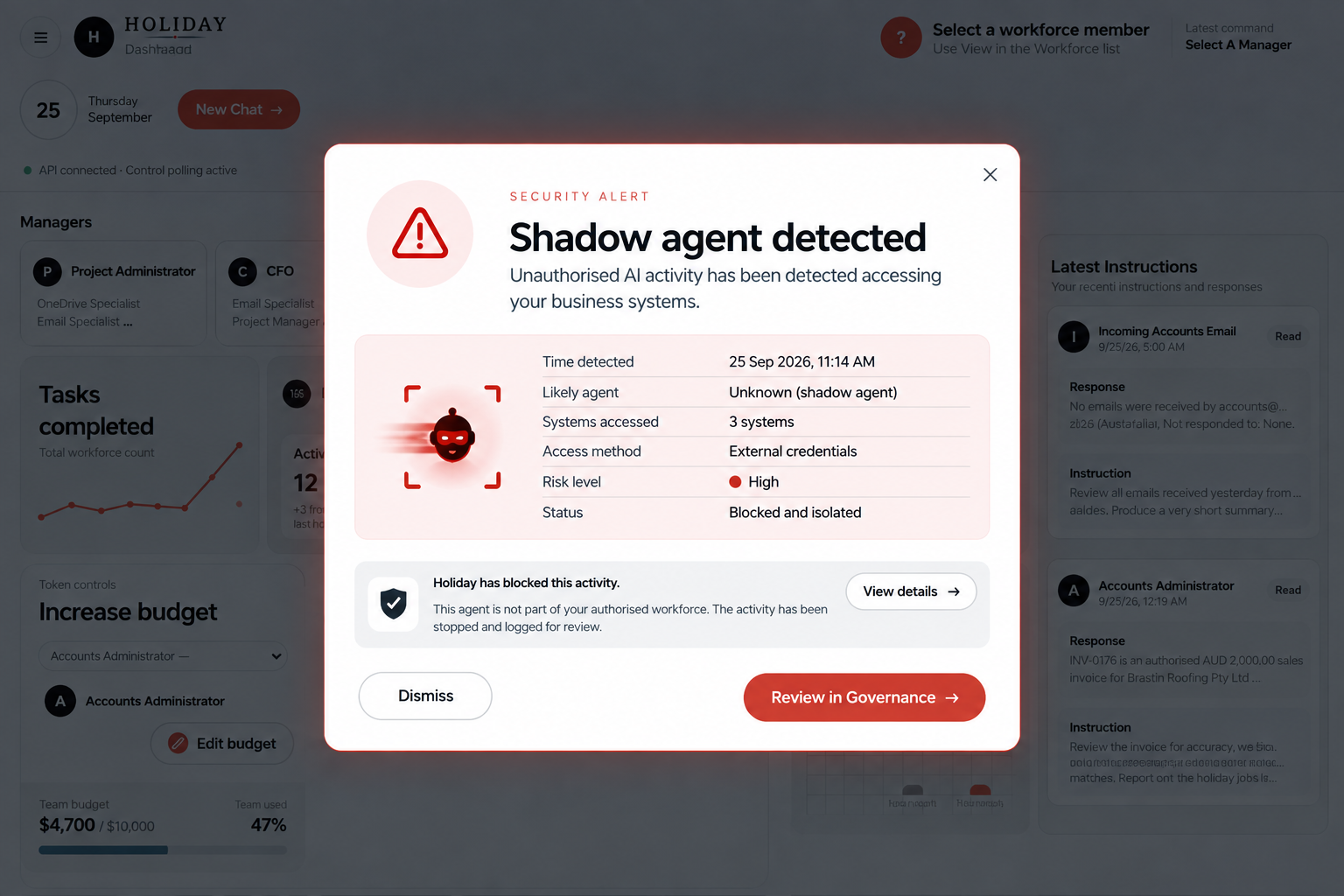 Holiday security alert showing a detected shadow agent, the systems accessed, its external credential access method, high risk level and blocked status.